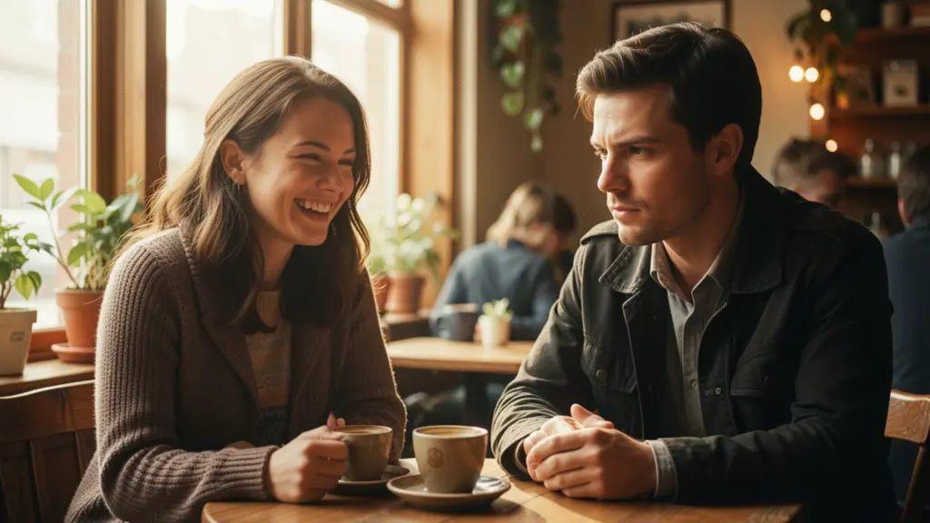 Bright moody romantic contrast between two characters in a cozy cafe, one smiling openly, other guarded yet intrigued, warm natural window light