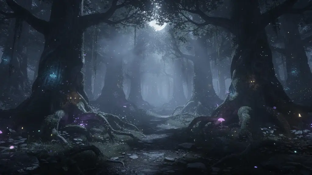 fantasy romance dark forest at night
